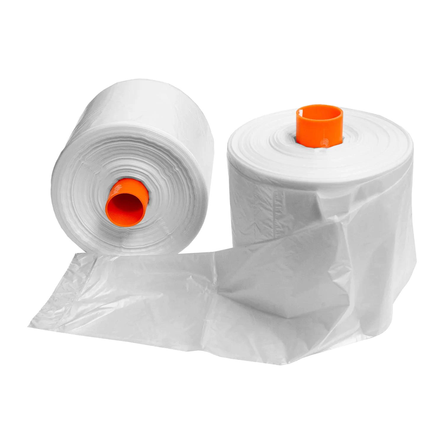 Duas bobinas de sacos plásticos transparentes com tubetes laranja