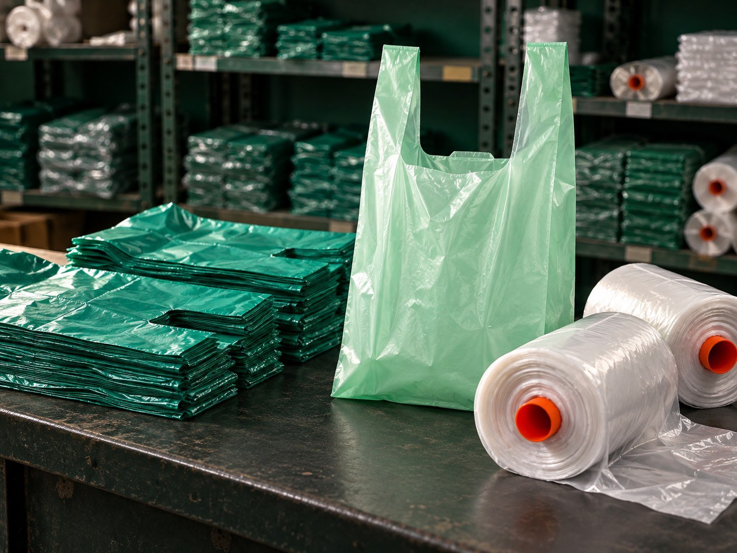 Ilustração de uma operação de embalagens com sacolas plásticas verdes e bobinas transparentes