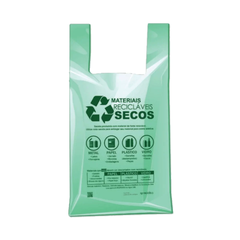 Sacola plástica verde clara com impressão para materiais recicláveis secos